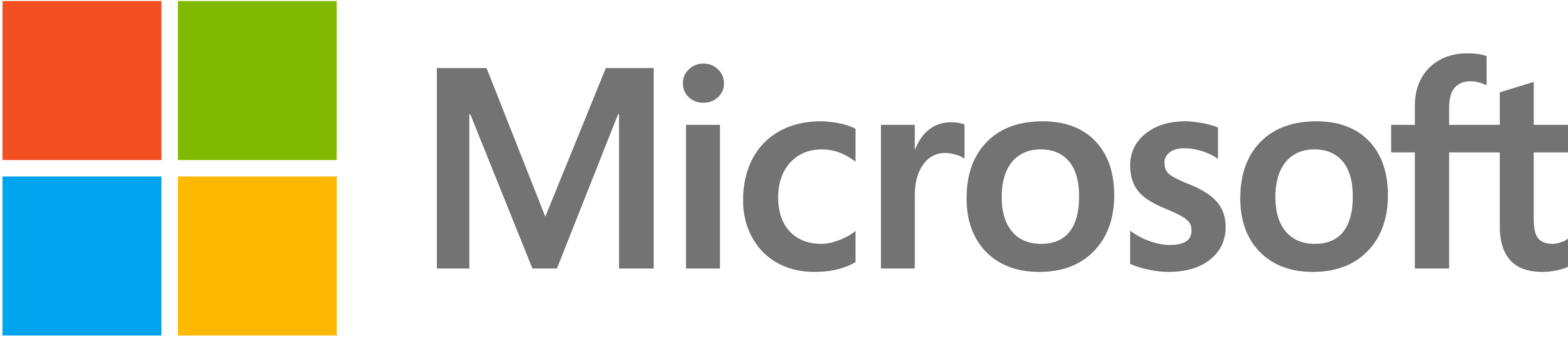 The Microsoft logo: a simple word-mark reading “Microsoft” in gray sans-serif type, next to a square made of four smaller colored squares (red, green, blue and yellow) laid out in a 2×2 grid.